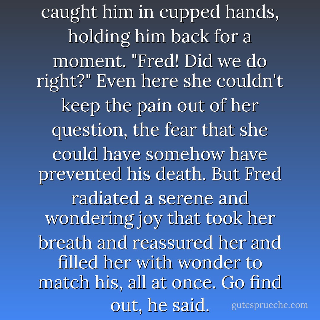 Fred started to follow, but Nita caught him in cupped hands, holding him back for a moment. "Fred! Did we do right?" Even here she couldn't keep the pain out of her question, the fear that she could have somehow have prevented his death. But Fred radiated a serene and wondering joy that took her breath and reassured her and filled her with wonder to match his, all at once. <i>Go find out</i>, he said. - Diane Duane