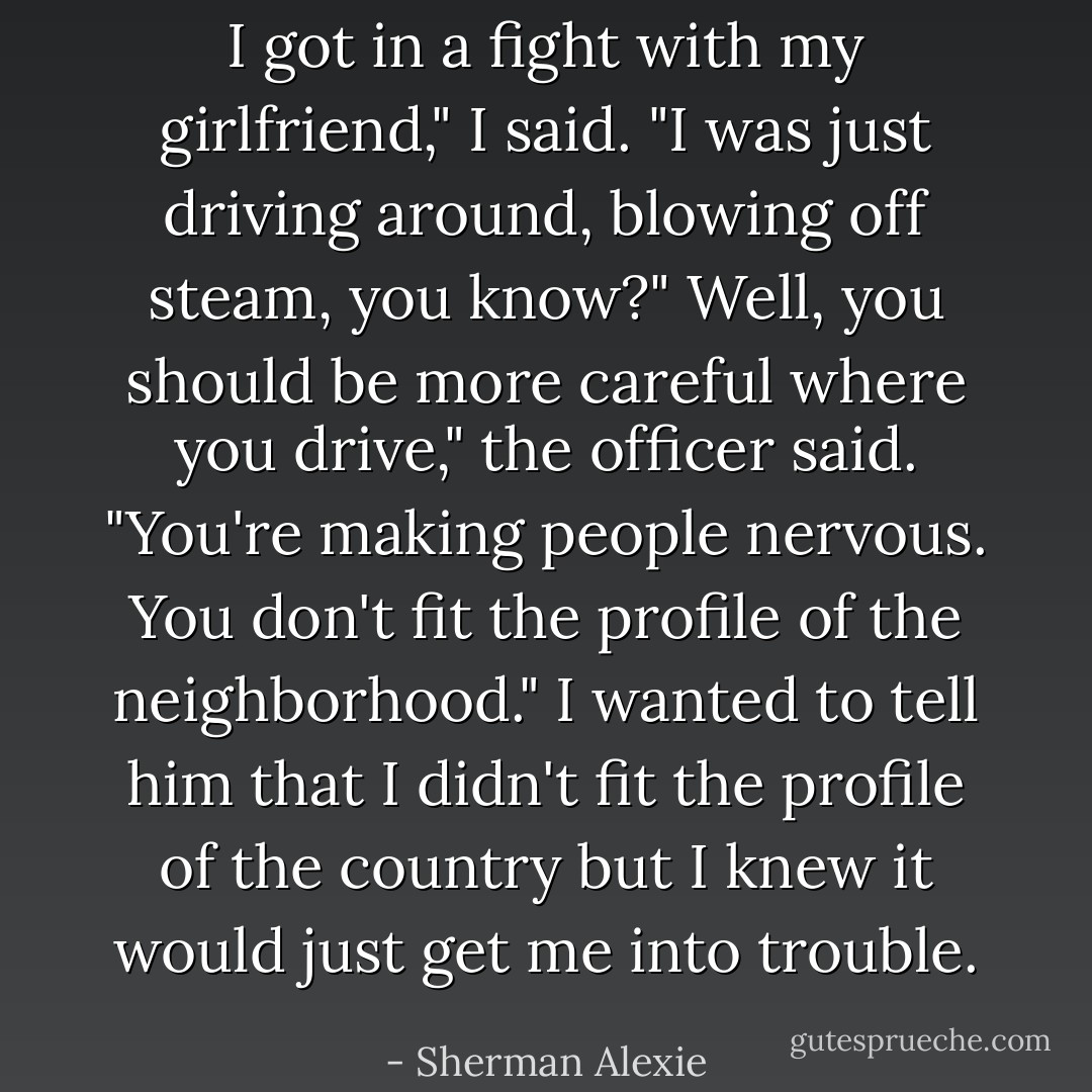 I got in a fight with my girlfriend," I said. "I was just driving around, blowing off steam, you know?"<br />Well, you should be more careful where you drive," the officer said. "You're making people nervous. You don't fit the profile of the neighborhood."<br />I wanted to tell him that I didn't fit the profile of the country but I knew it would just get me into trouble. - Sherman Alexie