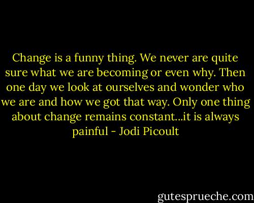 Change is a funny thing. We never are quite sure what we are becoming or even why. Then one day we look at ourselves and wonder who we are and how we got that way. Only one thing about change remains constant...it is always painful - Jodi Picoult