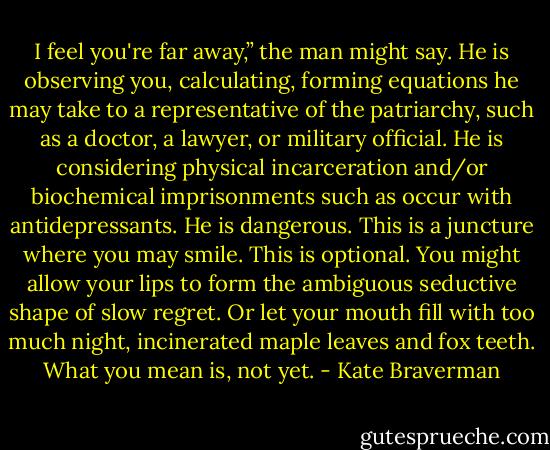 I feel you're far away,” the man might say. He is observing you, calculating, forming equations he may take to a representative of the patriarchy, such as a doctor, a lawyer, or military official. He is considering physical incarceration and/or biochemical imprisonments such as occur with antidepressants. He is dangerous.<br />This is a juncture where you may smile. This is optional. You might allow your lips to form the ambiguous seductive shape of slow regret. Or let your mouth fill with too much night, incinerated maple leaves and fox teeth. What you mean is, not yet. - Kate Braverman