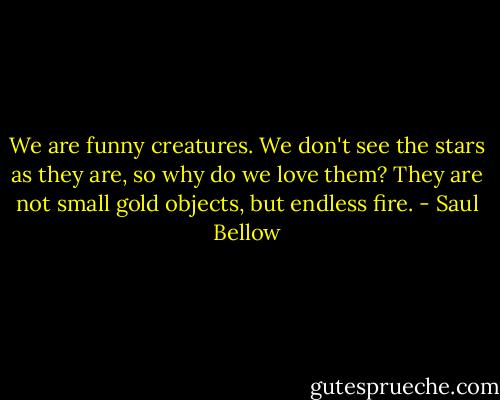 We are funny creatures. We don't see the stars as they are, so why do we love them? They are not small gold objects, but endless fire. - Saul Bellow