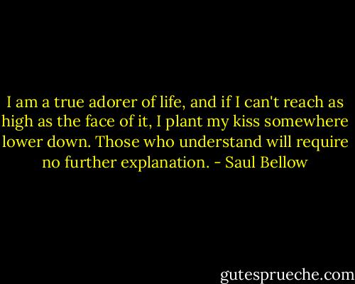 I am a true adorer of life, and if I can't reach as high as the face of it, I plant my kiss somewhere lower down. Those who understand will require no further explanation. - Saul Bellow
