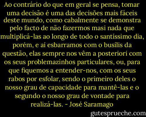 Ao contrário do que em geral se pensa, tomar uma decisão é uma das decisões mais fáceis deste mundo, como cabalmente se demonstra pelo facto de não fazermos masi nada que multiplicá-las ao longo de todo o santíssimo dia, porém, e aí esbarramos com o busílis da questão, elas sempre nos vêm a posteriori com os seus problemazinhos particulares, ou, para que fiquemos a entender-nos, com os seus rabos por esfolar, sendo o primeiro deles o nosso grau de capacidade para mantê-las e o segundo o nosso grau de vontade para realizá-las. - José Saramago
