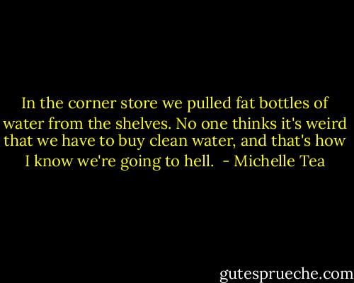 In the corner store we pulled fat bottles of water from the shelves. No one thinks it's weird that we have to buy clean water, and that's how I know we're going to hell.  - Michelle Tea