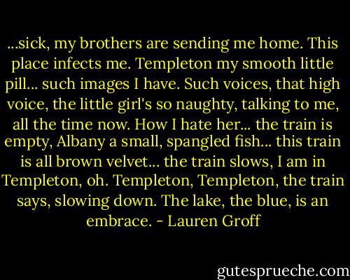 ...sick, my brothers are sending me home. This place infects me. Templeton my smooth little pill... such images I have. Such voices, that high voice, the little girl's so naughty, talking to me, all the time now. How I hate her... the train is empty, Albany a small, spangled fish... this train is all brown velvet... the train slows, I am in Templeton, oh. Templeton, Templeton, the train says, slowing down. The lake, the blue, is an embrace. - Lauren Groff