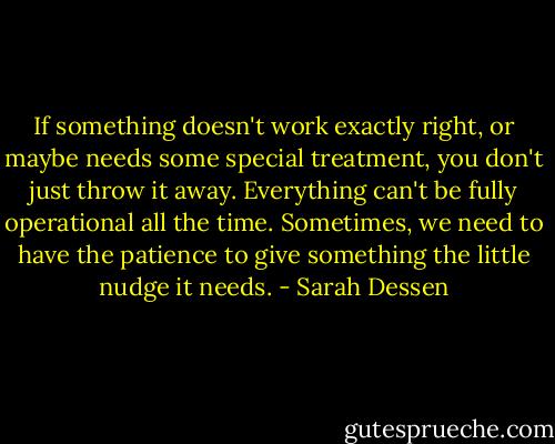 If something doesn't work exactly right, or maybe needs some special treatment, you don't just throw it away. Everything can't be fully operational all the time. Sometimes, we need to have the patience to give something the little nudge it needs. - Sarah Dessen