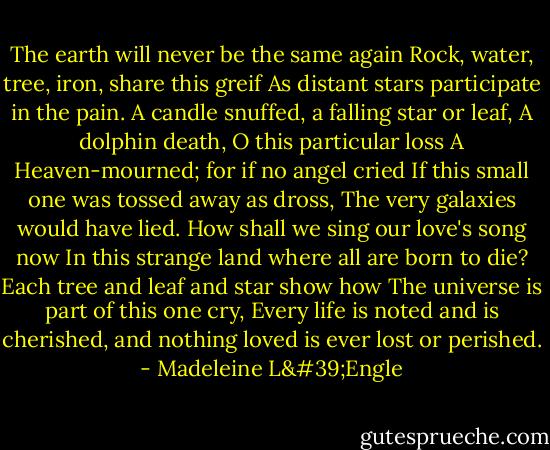 The earth will never be the same again<br />Rock, water, tree, iron, share this greif<br />As distant stars participate in the pain.<br />A candle snuffed, a falling star or leaf,<br />A dolphin death, O this particular loss<br />A Heaven-mourned; for if no angel cried<br />If this small one was tossed away as dross,<br />The very galaxies would have lied.<br />How shall we sing our love's song now<br />In this strange land where all are born to die?<br />Each tree and leaf and star show how<br />The universe is part of this one cry,<br />Every life is noted and is cherished,<br />and nothing loved is ever lost or perished. - Madeleine L'Engle