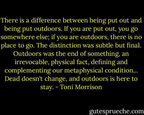 There is a difference between being put out and being put outdoors. If you are put out, you go somewhere else; if you are outdoors, there is no place to go. The distinction was subtle but final. Outdoors was the end of something, an irrevocable, physical fact, defining and complementing our metaphysical condition... Dead doesn't change, and outdoors is here to stay. - Toni Morrison