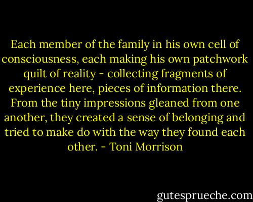 Each member of the family in his own cell of consciousness, each making his own patchwork quilt of reality - collecting fragments of experience here, pieces of information there. From the tiny impressions gleaned from one another, they created a sense of belonging and tried to make do with the way they found each other. - Toni Morrison