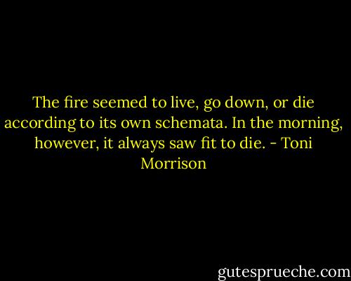 The fire seemed to live, go down, or die according to its own schemata. In the morning, however, it always saw fit to die. - Toni Morrison