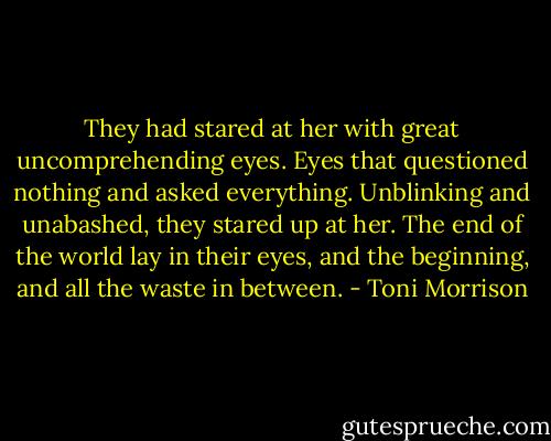 They had stared at her with great uncomprehending eyes. Eyes that questioned nothing and asked everything. Unblinking and unabashed, they stared up at her. The end of the world lay in their eyes, and the beginning, and all the waste in between. - Toni Morrison