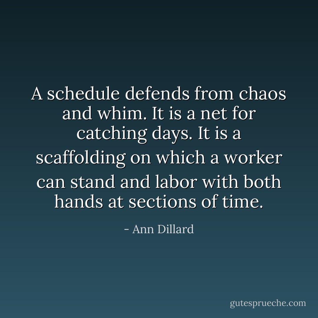 A schedule defends from chaos and whim. It is a net for catching days. It is a scaffolding on which a worker can stand and labor with both hands at sections of time. - Ann Dillard
