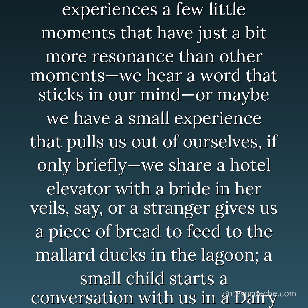 My mind then wandered. I thought of this: I thought of how every day each of us experiences a few little moments that have just a bit more resonance than other moments—we hear a word that sticks in our mind—or maybe we have a small experience that pulls us out of ourselves, if only briefly—we share a hotel elevator with a bride in her veils, say, or a stranger gives us a piece of bread to feed to the mallard ducks in the lagoon; a small child starts a conversation with us in a Dairy Queen—or we have an episode like the one I had with the M - Douglas Coupland