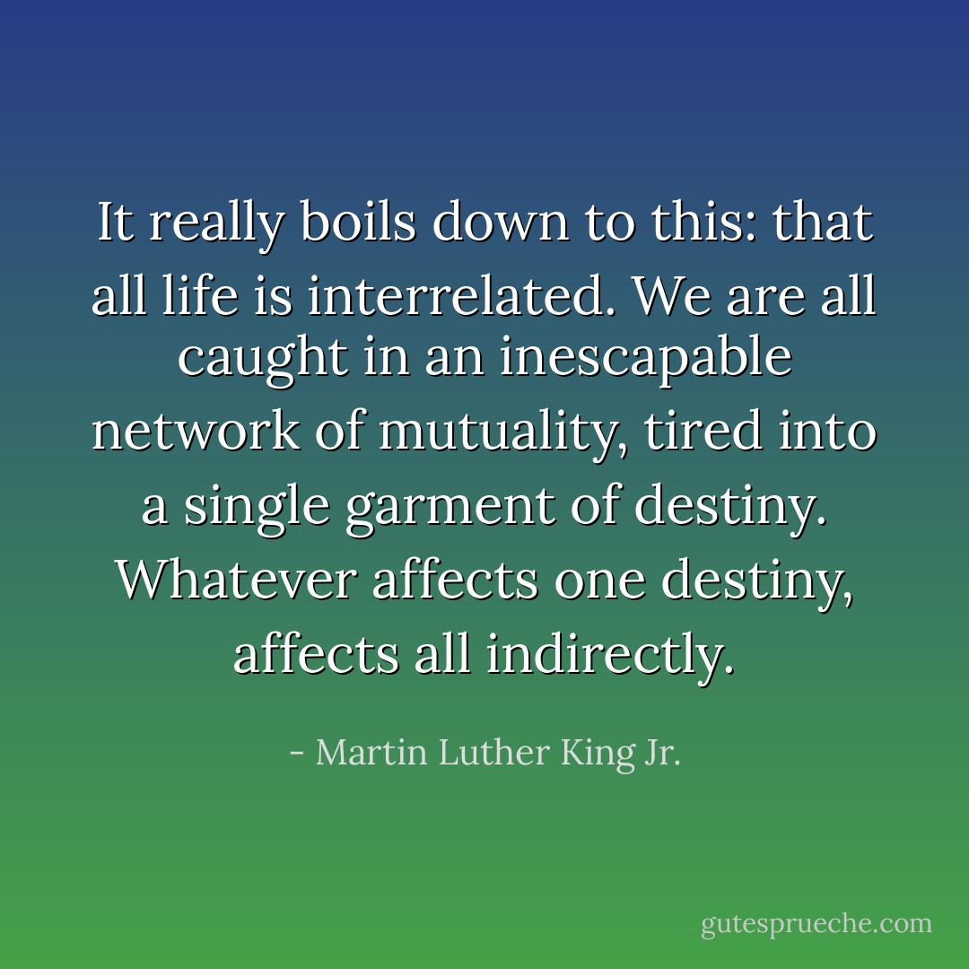 It really boils down to this: that all life is interrelated. We are all caught in an inescapable network of mutuality, tired into a single garment of destiny. Whatever affects one destiny, affects all indirectly. - Martin Luther King Jr.