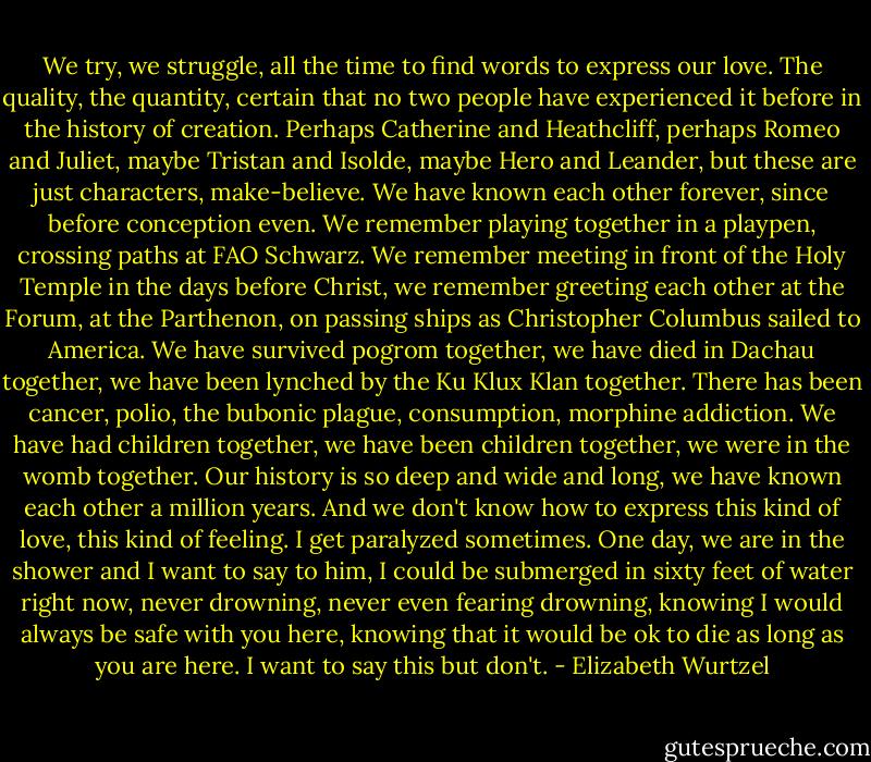 We try, we struggle, all the time to find words to express our love. The quality, the quantity, certain that no two people have experienced it before in the history of creation. Perhaps Catherine and Heathcliff, perhaps Romeo and Juliet, maybe Tristan and Isolde, maybe Hero and Leander, but these are just characters, make-believe. We have known each other forever, since before conception even. We remember playing together in a playpen, crossing paths at FAO Schwarz. We remember meeting in front of the Holy Temple in the days before Christ, we remember greeting each other at the Forum, at the Parthenon, on passing ships as Christopher Columbus sailed to America. We have survived pogrom together, we have died in Dachau together, we have been lynched by the Ku Klux Klan together. There has been cancer, polio, the bubonic plague, consumption, morphine addiction. We have had children together, we have been children together, we were in the womb together. Our history is so deep and wide and long, we have known each other a million years. And we don't know how to express this kind of love, this kind of feeling. I get paralyzed sometimes. One day, we are in the shower and I want to say to him, I could be submerged in sixty feet of water right now, never drowning, never even fearing drowning, knowing I would always be safe with you here, knowing that it would be ok to die as long as you are here. I want to say this but don't. - Elizabeth Wurtzel