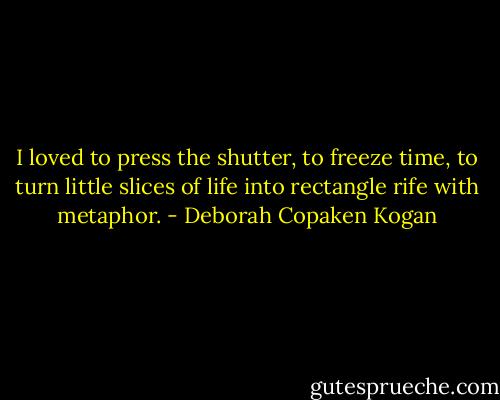I loved to press the shutter, to freeze time, to turn little slices of life into rectangle rife with metaphor. - Deborah Copaken Kogan
