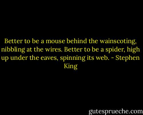 Better to be a mouse behind the wainscoting, nibbling at the wires. Better to be a spider, high up under the eaves, spinning its web. - Stephen King