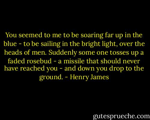 You seemed to me to be soaring far up in the blue - to be sailing in the bright light, over the heads of men. Suddenly some one tosses up a faded rosebud - a missile that should never have reached you - and down you drop to the ground. - Henry James