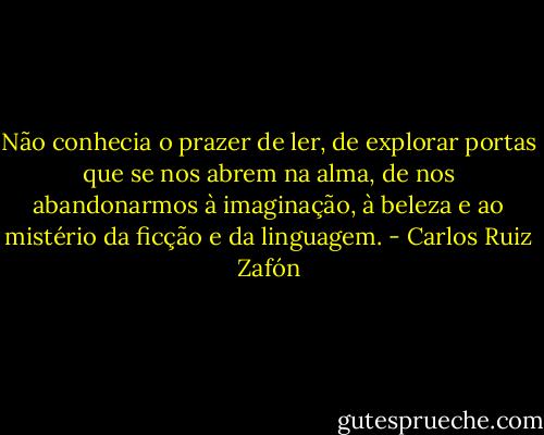 Não conhecia o prazer de ler, de explorar portas que se nos abrem na alma, de nos abandonarmos à imaginação, à beleza e ao mistério da ficção e da linguagem. - Carlos Ruiz Zafón