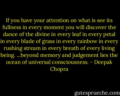 If you have your attention on what is see its fullness in every moment you will discover the dance of the divine in every leaf in every petal in every blade of grass in every rainbow in every rushing stream in every breath of every living being. ...beyond memory and judgement lies the ocean of universal consciousness. - Deepak Chopra