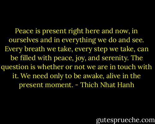Peace is present right here and now, in ourselves and in everything we do and see. Every breath we take, every step we take, can be filled with peace, joy, and serenity. The question is whether or not we are in touch with it. We need only to be awake, alive in the present moment. - Thich Nhat Hanh