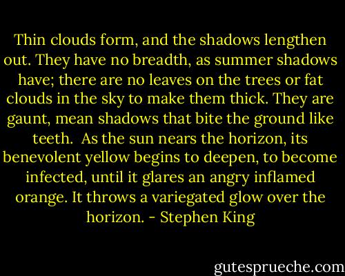 Thin clouds form, and the shadows lengthen out. They have no breadth, as summer shadows have; there are no leaves on the trees or fat clouds in the sky to make them thick. They are gaunt, mean shadows that bite the ground like teeth.<br /> As the sun nears the horizon, its benevolent yellow begins to deepen, to become infected, until it glares an angry inflamed orange. It throws a variegated glow over the horizon. - Stephen King