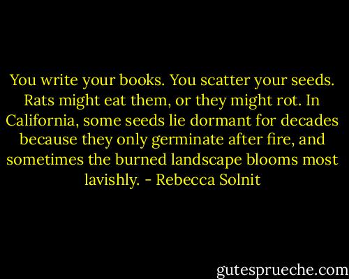 You write your books. You scatter your seeds. Rats might eat them, or they might rot. In California, some seeds lie dormant for decades because they only germinate after fire, and sometimes the burned landscape blooms most lavishly. - Rebecca Solnit
