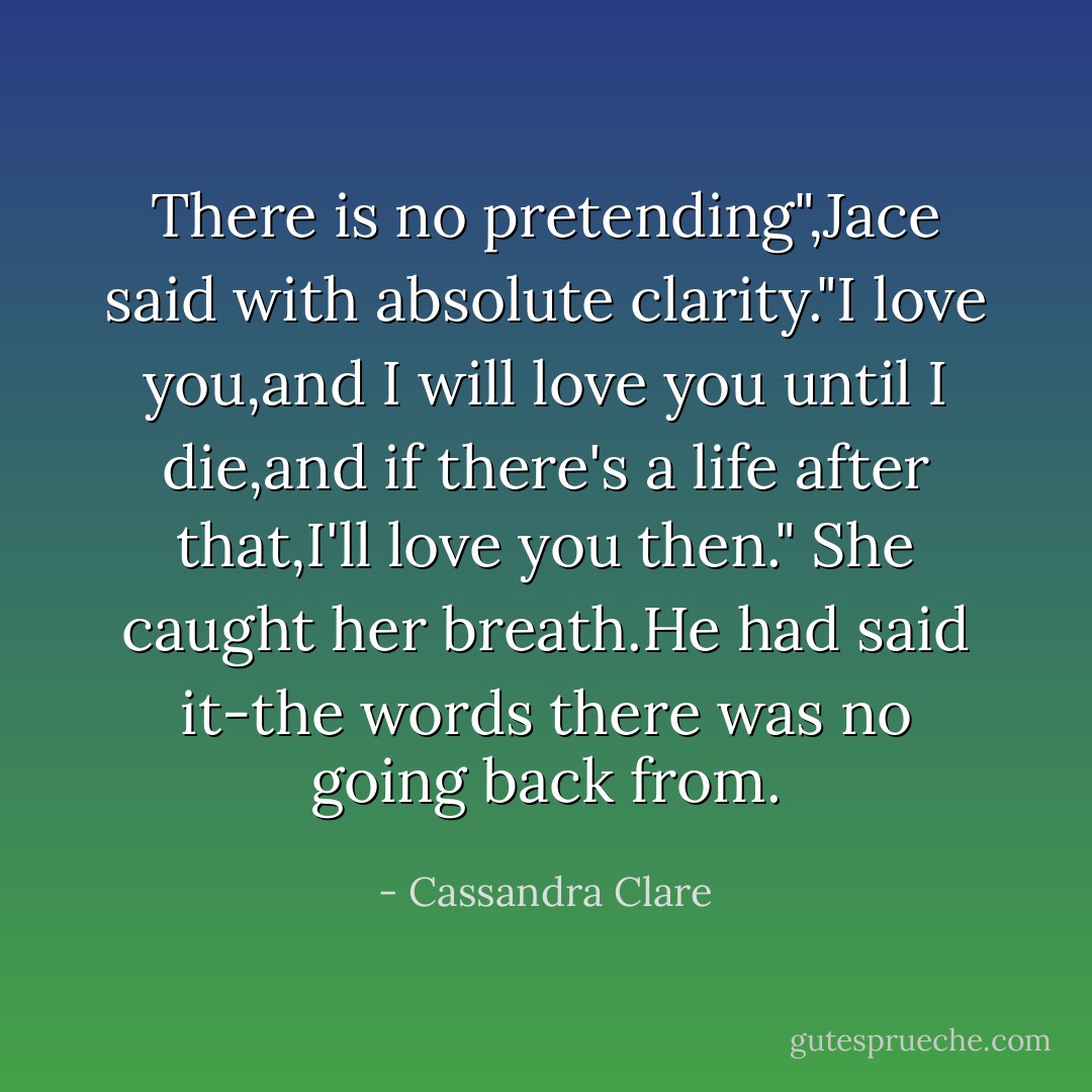 There is no pretending",Jace said with absolute clarity."I love you,and I will love you until I die,and if there's a life after that,I'll love you then."<br />She caught her breath.He had said it-the words there was no going back from. - Cassandra Clare