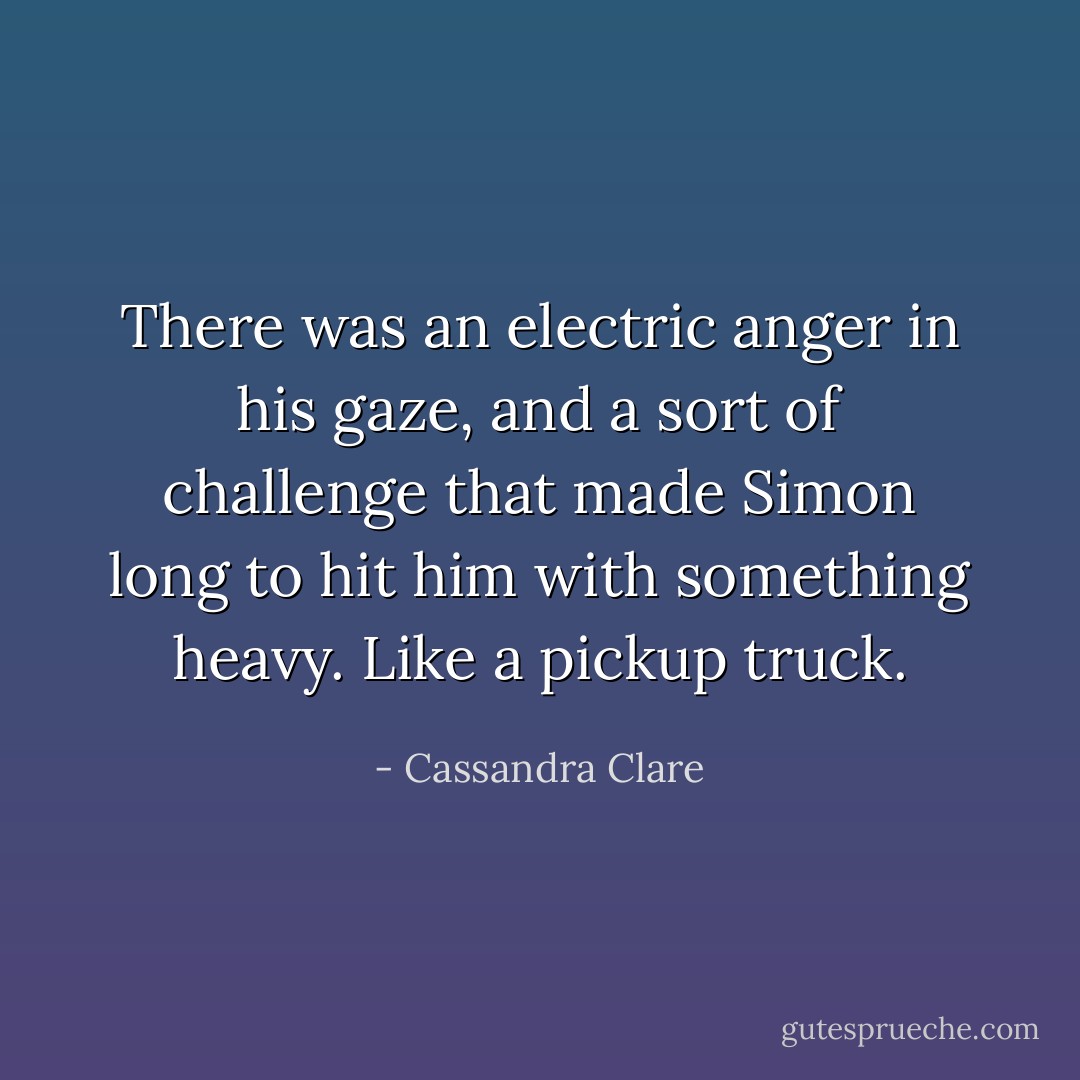 There was an electric anger in his gaze, and a sort of challenge that made Simon long to hit him with something heavy. Like a pickup truck. - Cassandra Clare