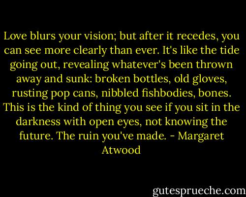 Love blurs your vision; but after it recedes, you can see more clearly than ever. It's like the tide going out, revealing whatever's been thrown away and sunk: broken bottles, old gloves, rusting pop cans, nibbled fishbodies, bones. This is the kind of thing you see if you sit in the darkness with open eyes, not knowing the future. The ruin you've made. - Margaret Atwood