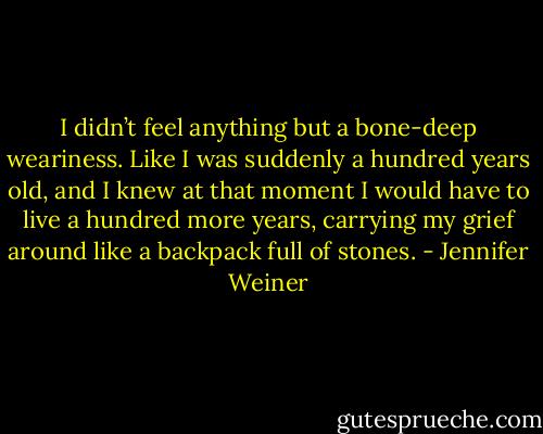 I didn’t feel anything but a bone-deep weariness. Like I was suddenly a hundred years old, and I knew at that moment I would have to live a hundred more years, carrying my grief around like a backpack full of stones. - Jennifer Weiner