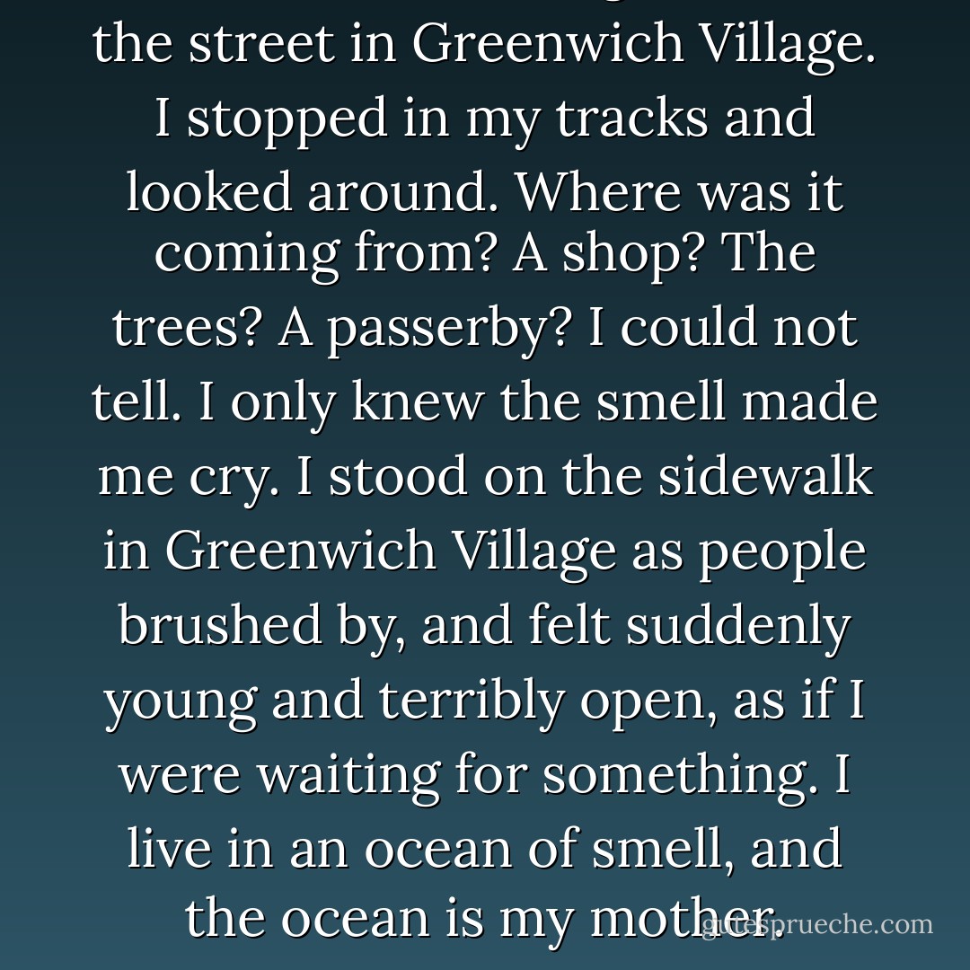 Once the scent caught me on the street in Greenwich Village. I stopped in my tracks and looked around. Where was it coming from? A shop? The trees? A passerby? I could not tell. I only knew the smell made me cry. I stood on the sidewalk in Greenwich Village as people brushed by, and felt suddenly young and terribly open, as if I were waiting for something. I live in an ocean of smell, and the ocean is my mother. - Rebecca Wells