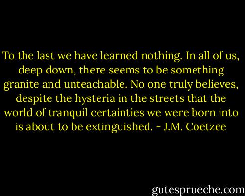 To the last we have learned nothing. In all of us, deep down, there seems to be something granite and unteachable. No one truly believes, despite the hysteria in the streets that the world of tranquil certainties we were born into is about to be extinguished. - J.M. Coetzee