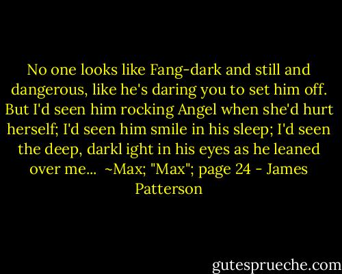 No one looks like Fang-dark and still and dangerous, like he's daring you to set him off. But I'd seen him rocking Angel when she'd hurt herself; I'd seen him smile in his sleep; I'd seen the deep, darkl ight in his eyes as he leaned over me... <br />~Max; "Max"; page 24 - James Patterson