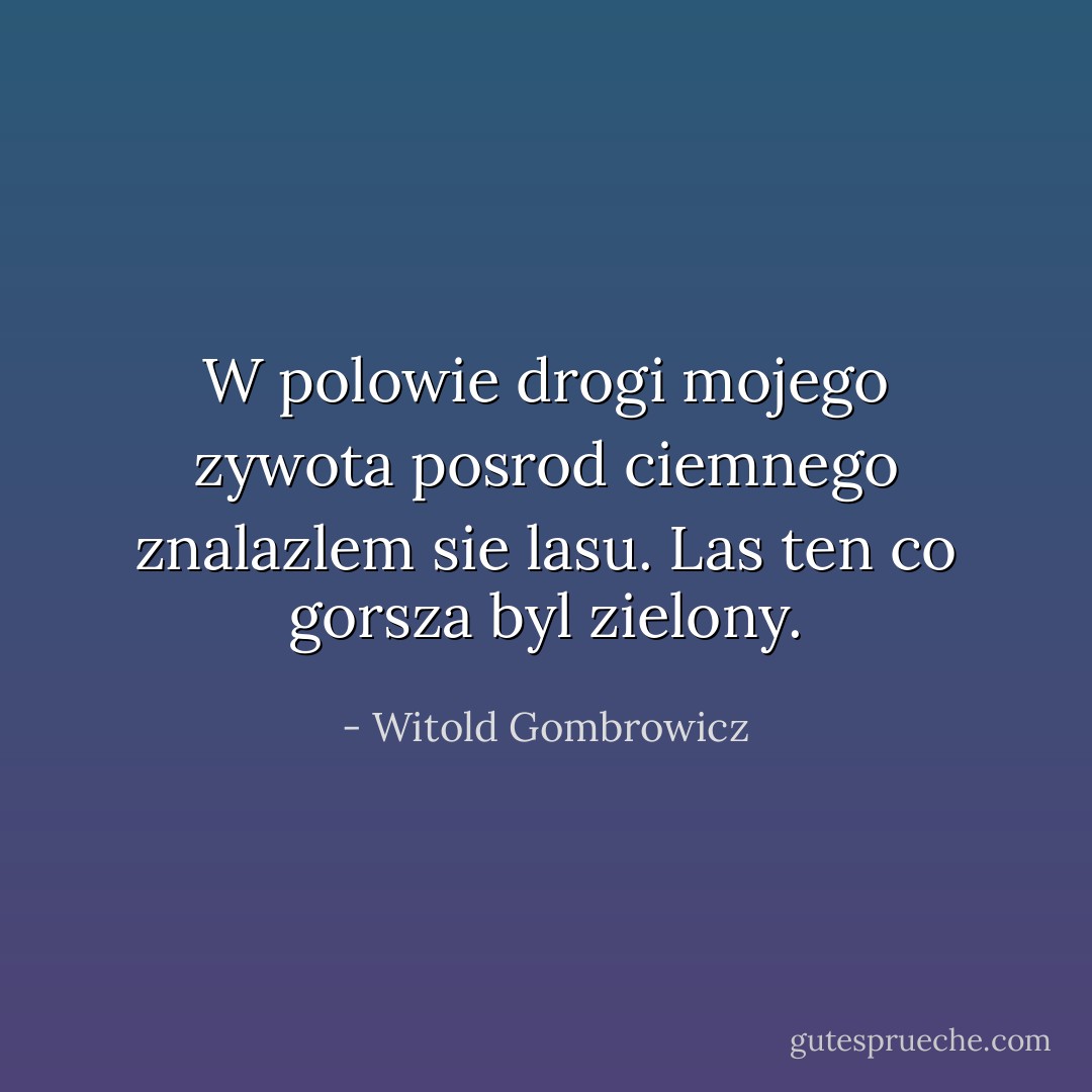 W polowie drogi mojego zywota posrod ciemnego znalazlem sie lasu. Las ten co gorsza byl zielony. - Witold Gombrowicz