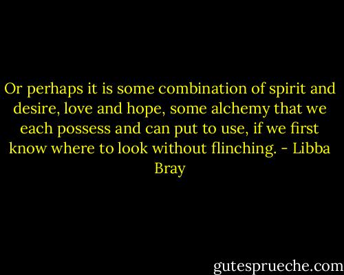 Or perhaps it is some combination of spirit and desire, love and hope, some alchemy that we each possess and can put to use, if we first know where to look without flinching. - Libba Bray