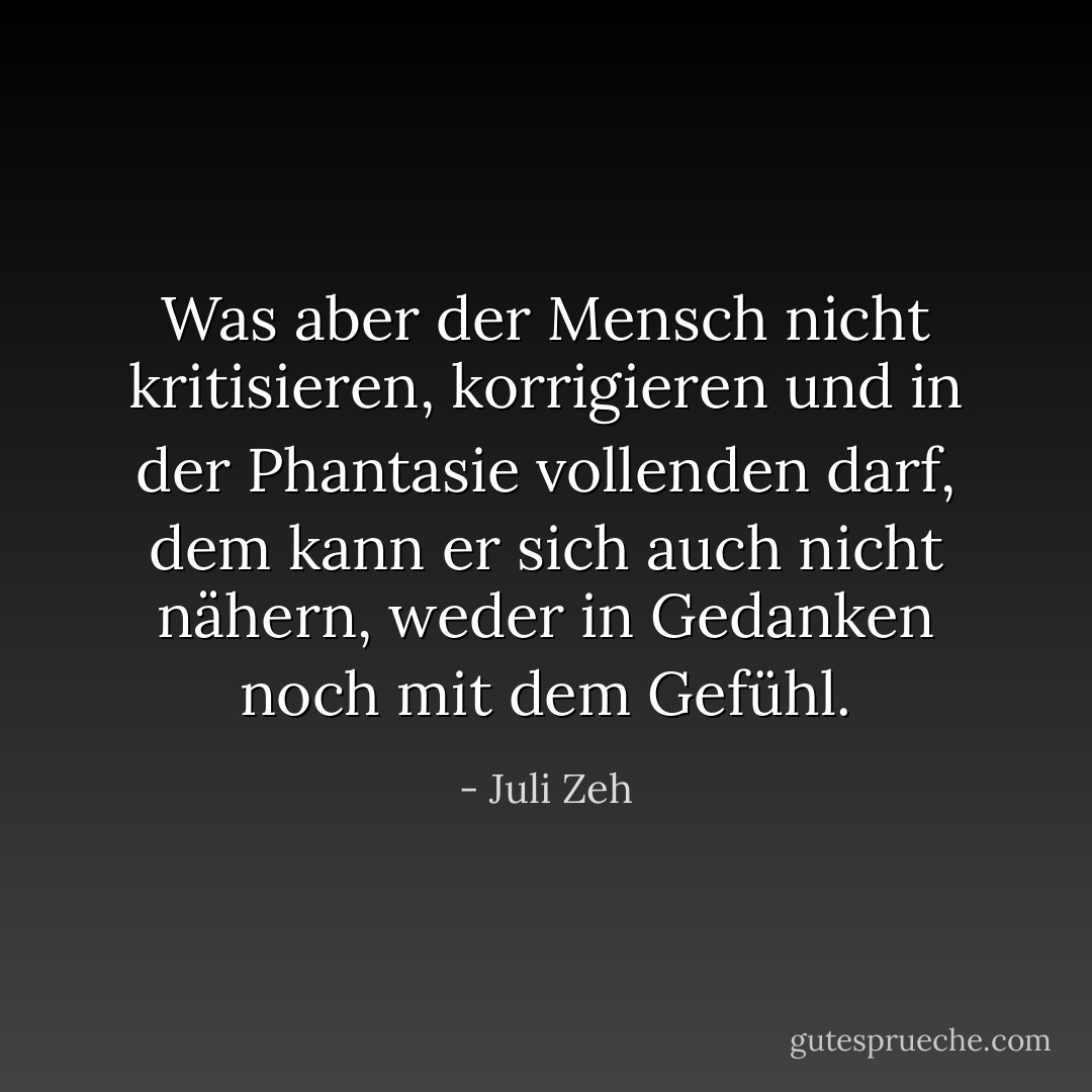 Was aber der Mensch nicht kritisieren, korrigieren und in der Phantasie vollenden darf, dem kann er sich auch nicht nähern, weder in Gedanken noch mit dem Gefühl. - Juli Zeh