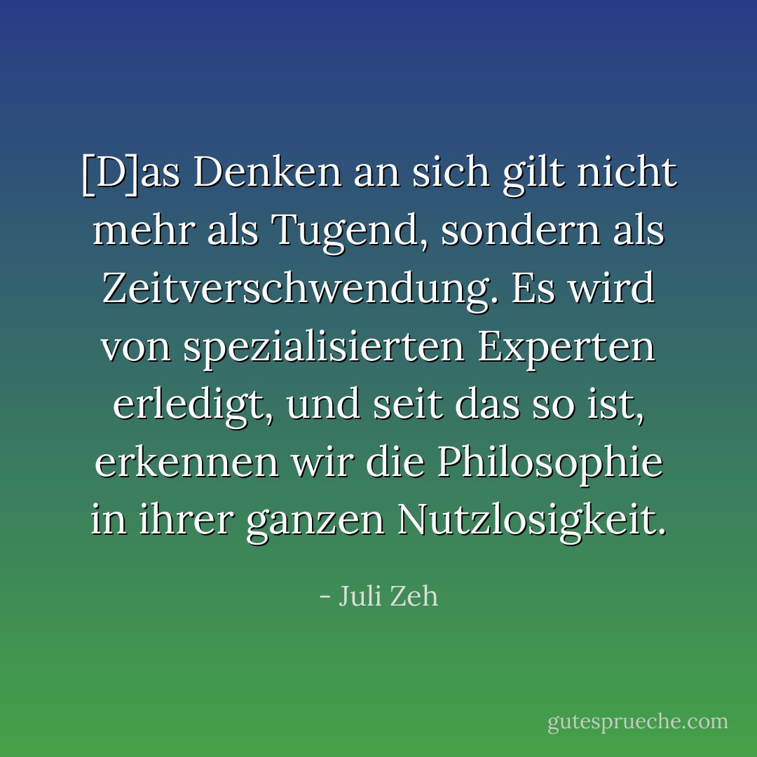 [D]as Denken an sich gilt nicht mehr als Tugend, sondern als Zeitverschwendung. Es wird von spezialisierten Experten erledigt, und seit das so ist, erkennen wir die Philosophie in ihrer ganzen Nutzlosigkeit. - Juli Zeh