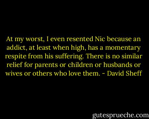 At my worst, I even resented Nic because an addict, at least when high, has a momentary respite from his suffering. There is no similar relief for parents or children or husbands or wives or others who love them. - David Sheff