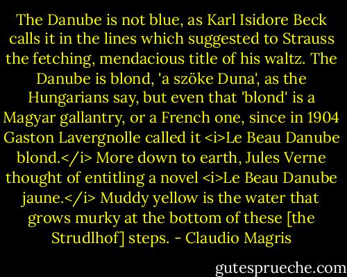 The Danube is not blue, as Karl Isidore Beck calls it in the lines which suggested to Strauss the fetching, mendacious title of his waltz. The Danube is blond, 'a szöke Duna', as the Hungarians say, but even that 'blond' is a Magyar gallantry, or a French one, since in 1904 Gaston Lavergnolle called it <i>Le Beau Danube blond.</i> More down to earth, Jules Verne thought of entitling a novel <i>Le Beau Danube jaune.</i> Muddy yellow is the water that grows murky at the bottom of these [the Strudlhof] steps. - Claudio Magris