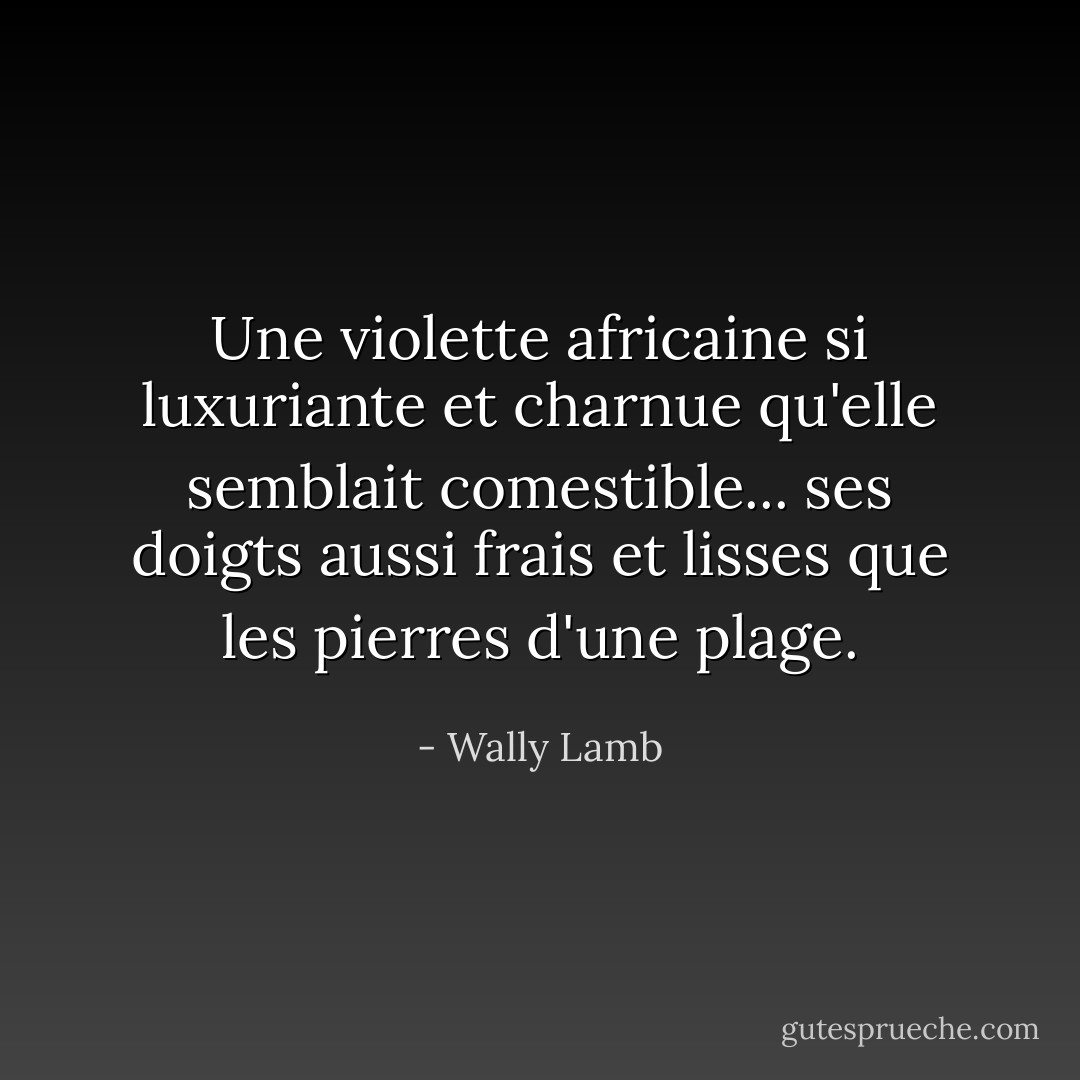 Une violette africaine si luxuriante et charnue qu'elle semblait comestible... ses doigts aussi frais et lisses que les pierres d'une plage. - Wally Lamb
