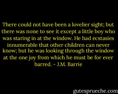 There could not have been a lovelier sight; but there was none to see it except a little boy who was staring in at the window. He had ecstasies innumerable that other children can never know; but he was looking through the window at the one joy from which he must be for ever barred. - J.M. Barrie