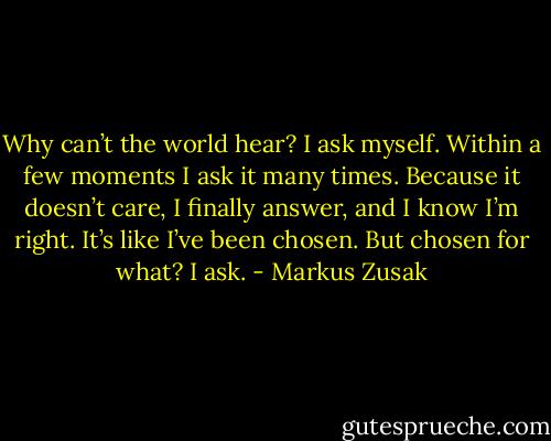Why can’t the world hear? I ask myself. Within a few moments I ask it many times. Because it doesn’t care, I finally answer, and I know I’m right. It’s like I’ve been chosen. But chosen for what? I ask. - Markus Zusak