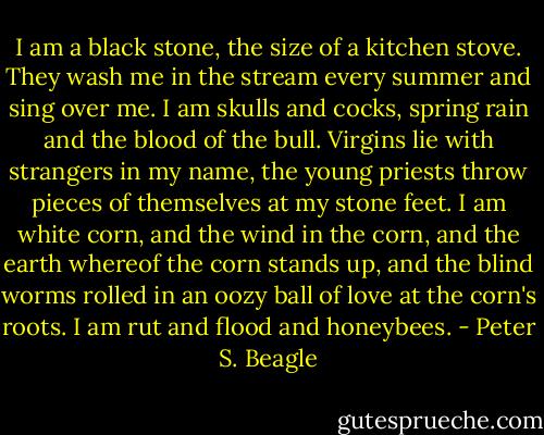 I am a black stone, the size of a kitchen stove. They wash me in the stream every summer and sing over me. I am skulls and cocks, spring rain and the blood of the bull. Virgins lie with strangers in my name, the young priests throw pieces of themselves at my stone feet. I am white corn, and the wind in the corn, and the earth whereof the corn stands up, and the blind worms rolled in an oozy ball of love at the corn's roots. I am rut and flood and honeybees. - Peter S. Beagle