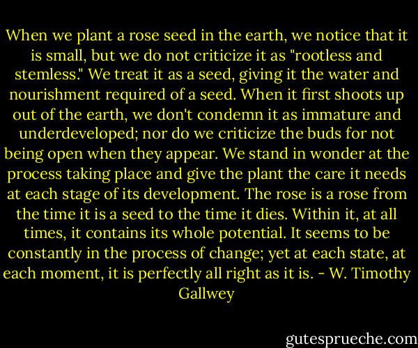 When we plant a rose seed in the earth, we notice that it is small, but we do not criticize it as "rootless and stemless." We treat it as a seed, giving it the water and nourishment required of a seed. When it first shoots up out of the earth, we don't condemn it as immature and underdeveloped; nor do we criticize the buds for not being open when they appear. We stand in wonder at the process taking place and give the plant the care it needs at each stage of its development. The rose is a rose from the time it is a seed to the time it dies. Within it, at all times, it contains its whole potential. It seems to be constantly in the process of change; yet at each state, at each moment, it is perfectly all right as it is. - W. Timothy Gallwey