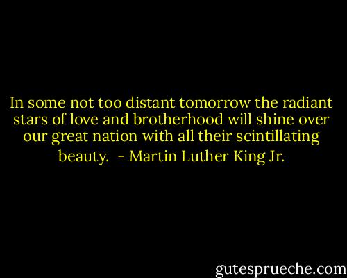 In some not too distant tomorrow the radiant stars of love and brotherhood will shine over our great nation with all their scintillating beauty.  - Martin Luther King Jr.