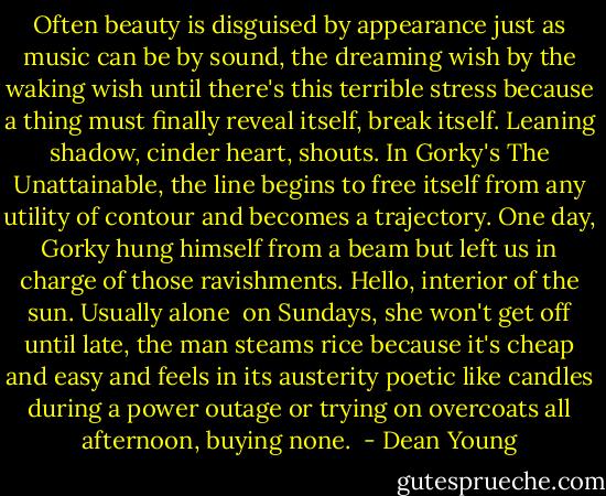 Often beauty is disguised<br />by appearance just as music can be<br />by sound, the dreaming wish by the waking<br />wish until there's this terrible stress<br />because a thing must finally reveal itself,<br />break itself. Leaning shadow, cinder<br />heart, shouts. In Gorky's The Unattainable,<br />the line begins to free itself from any<br />utility of contour and becomes a trajectory.<br />One day, Gorky hung himself from a beam<br />but left us in charge of those ravishments.<br />Hello, interior of the sun. Usually alone <br />on Sundays, she won't get off until late,<br />the man steams rice because it's cheap<br />and easy and feels in its austerity poetic<br />like candles during a power outage<br />or trying on overcoats all afternoon,<br />buying none.  - Dean Young