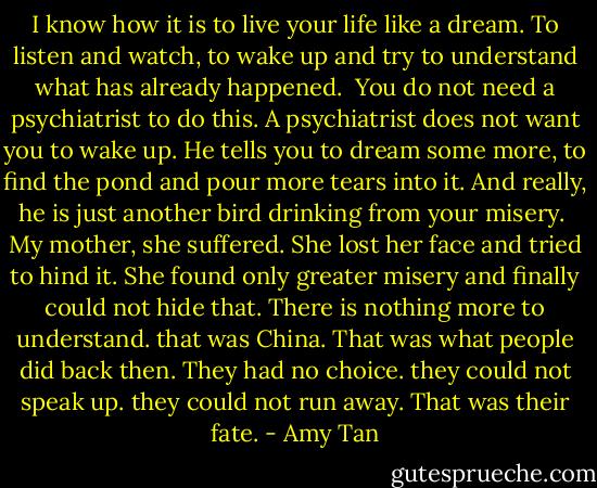 I know how it is to live your life like a dream. To listen and watch, to wake up and try to understand what has already happened. <br />You do not need a psychiatrist to do this. A psychiatrist does not want you to wake up. He tells you to dream some more, to find the pond and pour more tears into it. And really, he is just another bird drinking from your misery. <br />My mother, she suffered. She lost her face and tried to hind it. She found only greater misery and finally could not hide that. There is nothing more to understand. that was China. That was what people did back then. They had no choice. they could not speak up. they could not run away. That was their fate. - Amy Tan