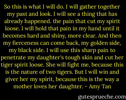 So this is what I will do. I will gather together my past and look. I will see a thing that has already happened. the pain that cut my spirit loose. I will hold that pain in my hand until it becomes hard and shiny, more clear. And then my fierceness can come back, my golden side, my black side. I will use this sharp pain to penetrate my daughter's tough skin and cut her tiger spirit loose. She will fight me, because this is the nature of two tigers. But I will win and giver her my spirit, because this is the way a mother loves her daughter. - Amy Tan