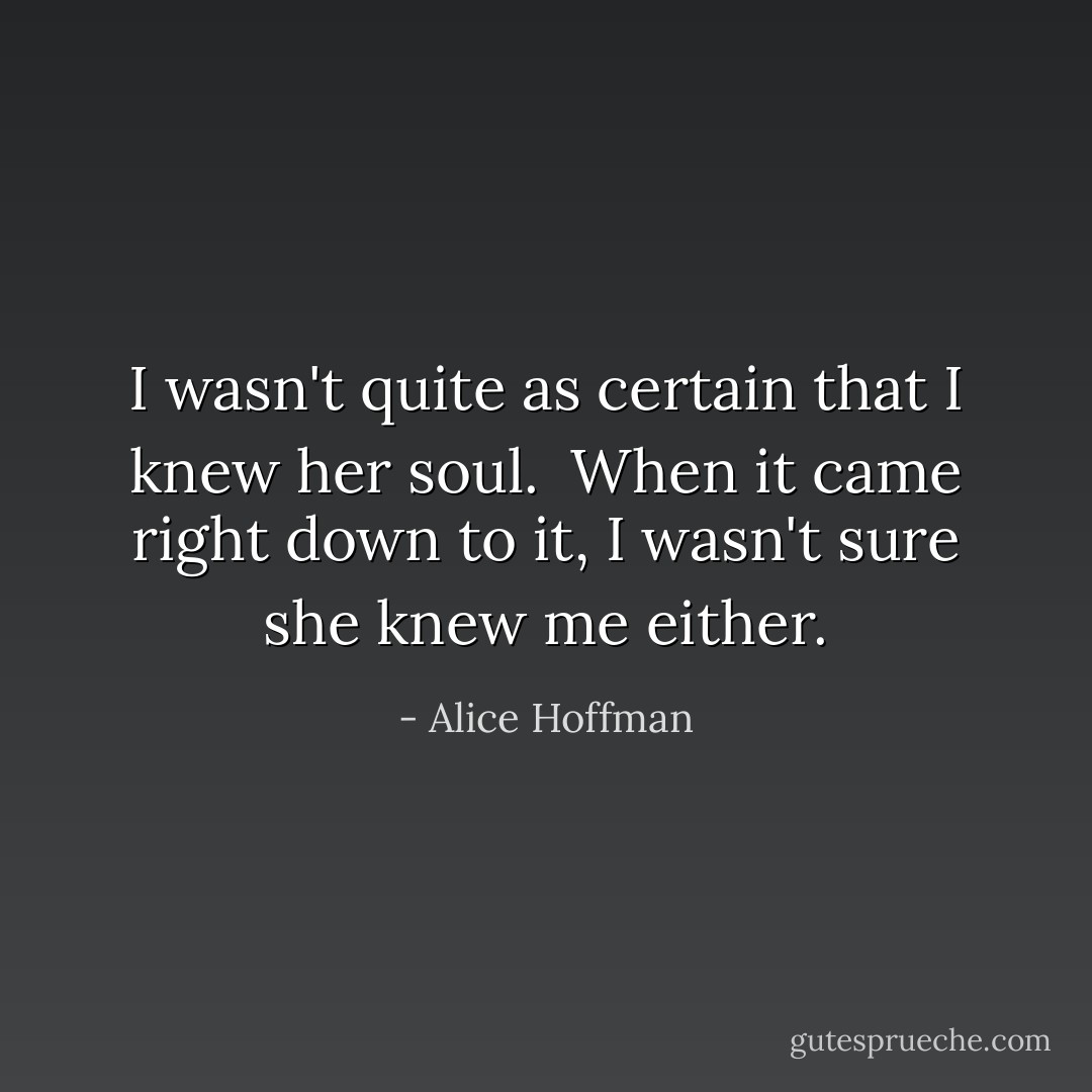 I wasn't quite as certain that I knew her soul. <br />When it came right down to it, I wasn't sure she knew me either. - Alice Hoffman